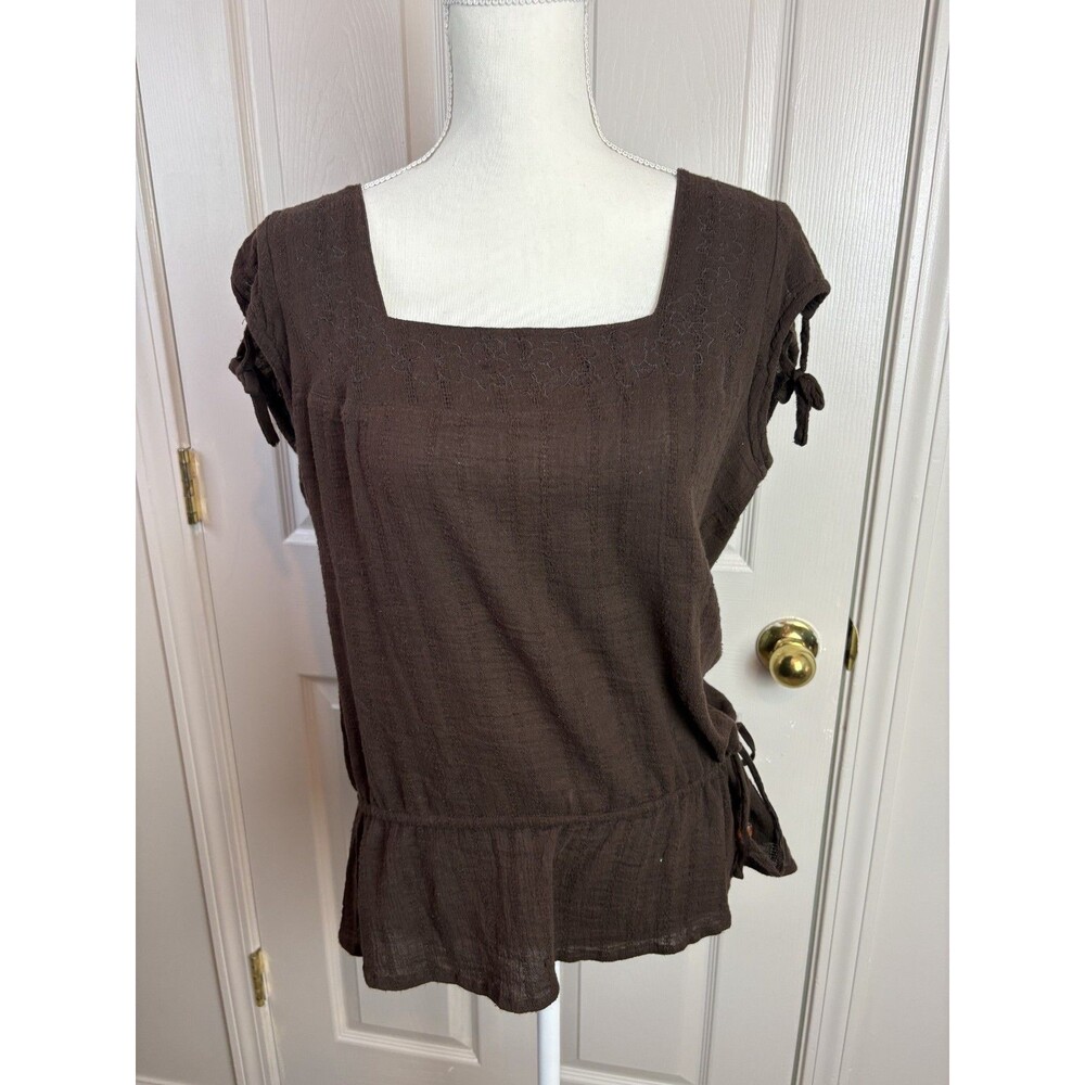 VTG Guess Jeans Authentic Brown Lace Peplum Top Y2K Boho Square Neck Peasant 453